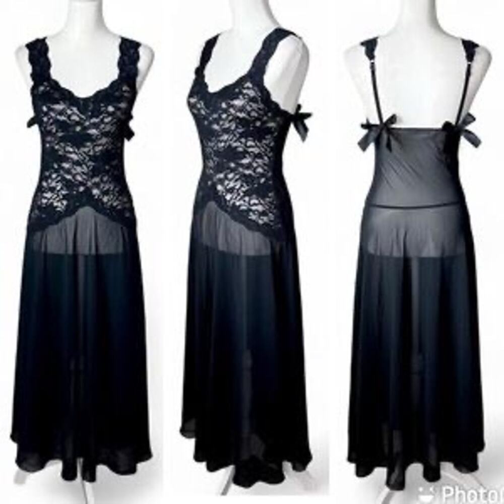 Vintage 90s Victoria’s Secret Sheer Black Lace Bow Nightgown Gown S Small